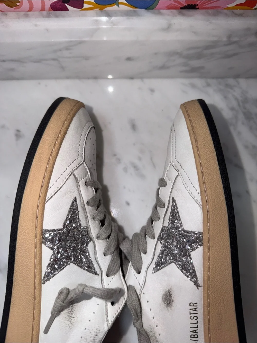 $600 Golden Goose White Leather Sneakers Silver Glitter Star Size 38 BALLSTAR
